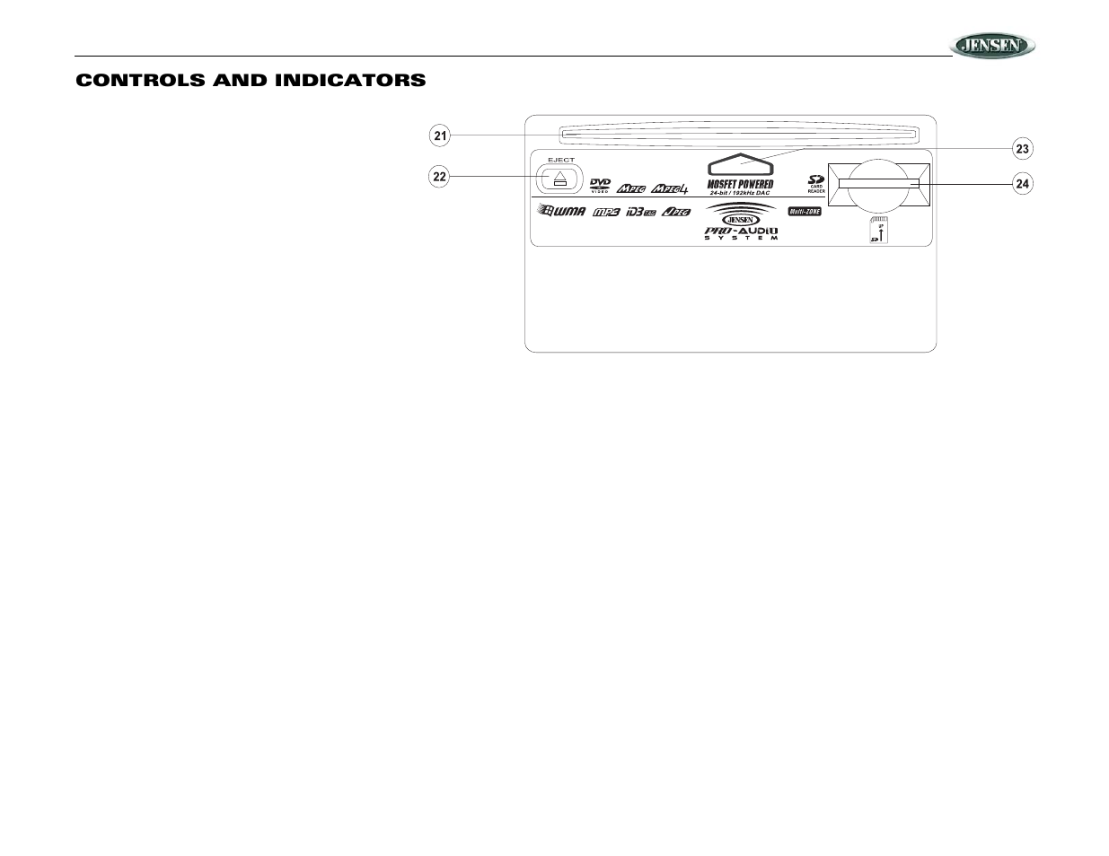 Vm9020ts, Controls and indicators | Jensen Mobile Multimedia DVD/MP3/WMA Receiver VM9020TS User Manual | Page 7 / 28
