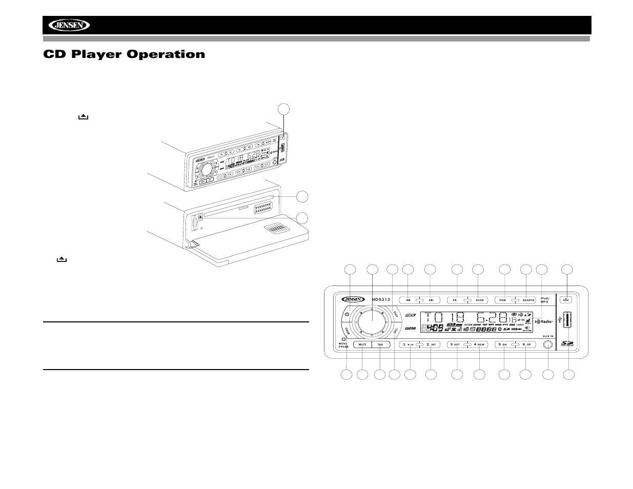 Cd player operation, Hd5313, Insert cd | Eject cd, Pause, Track select, Intro scan (int), Repeat (rpt), Random (rdm), Display id3 tag information | Jensen HD5313IR User Manual | Page 12 / 62