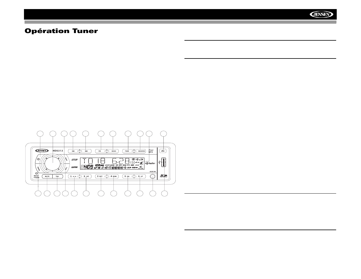 Opération tuner, Hd5313, Au sujet de la technologie hd radio | Sélectionner une bande, Syntonisation, Réception analogique/numérique | Jensen HD5313IR User Manual | Page 45 / 62