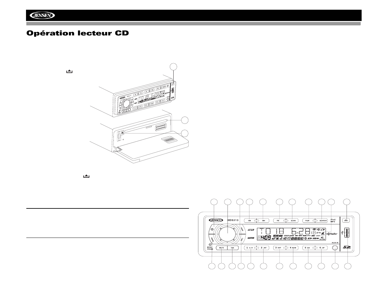 Opération lecteur cd, Hd5313, Insérer un cd | Ejecter le cd, Pause, Sélection de piste, Intro scan (int), Répéter (rpt), Hasard (rdm), Afficher l’information id3 tag | Jensen HD5313IR User Manual | Page 48 / 62