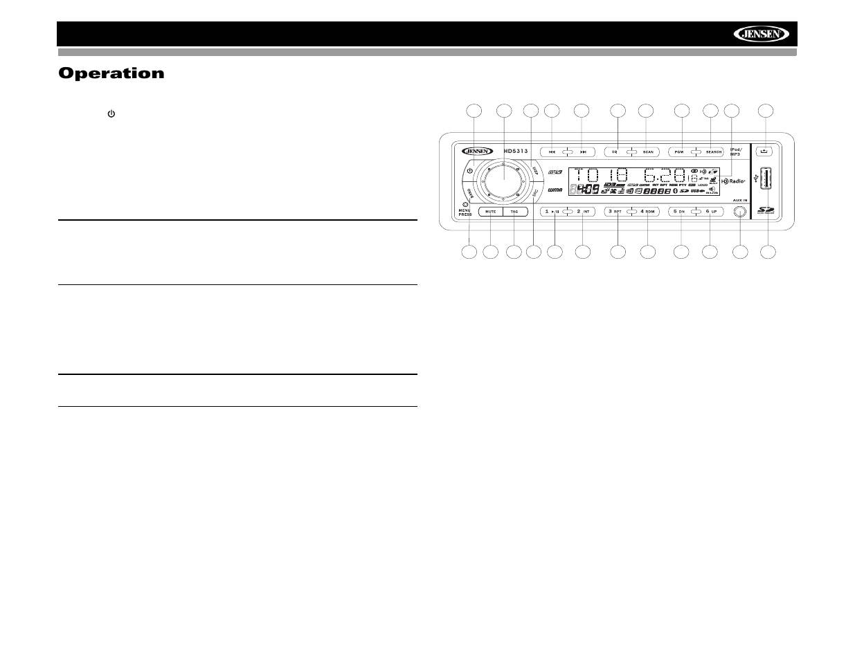 Operation, Hd5313, Power | Liquid crystal display (lcd), Mode, Audio mute, Volume / audio control | Jensen HD5313IR User Manual | Page 7 / 62