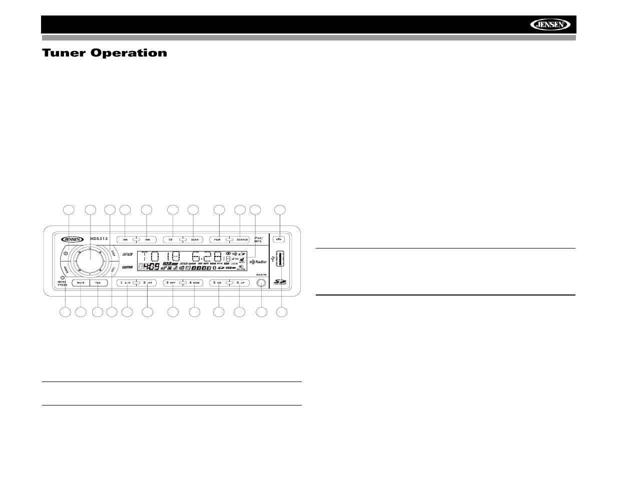 Tuner operation, Hd5313, About hd radio™ technology | Select a band, Tuning, Analog/digital reception | Jensen HD5313IR User Manual | Page 9 / 62