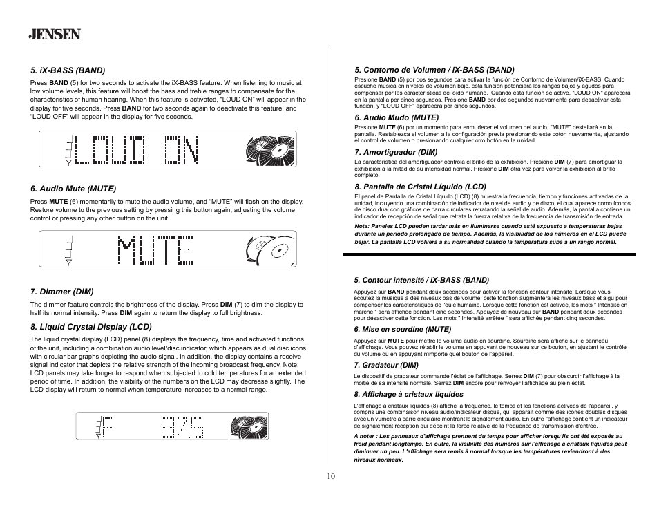 Basic operation (continued), Ix-bass (band), Audio mute (mute) | Dimmer (dim), Liquid crystal display (lcd), Operación básica (continuado), Contorno de volumen / ix-bass (band), Audio mudo (mute), Amortiguador (dim), Pantalla de cristal líquido (lcd) | Jensen MP5620SE User Manual | Page 10 / 26