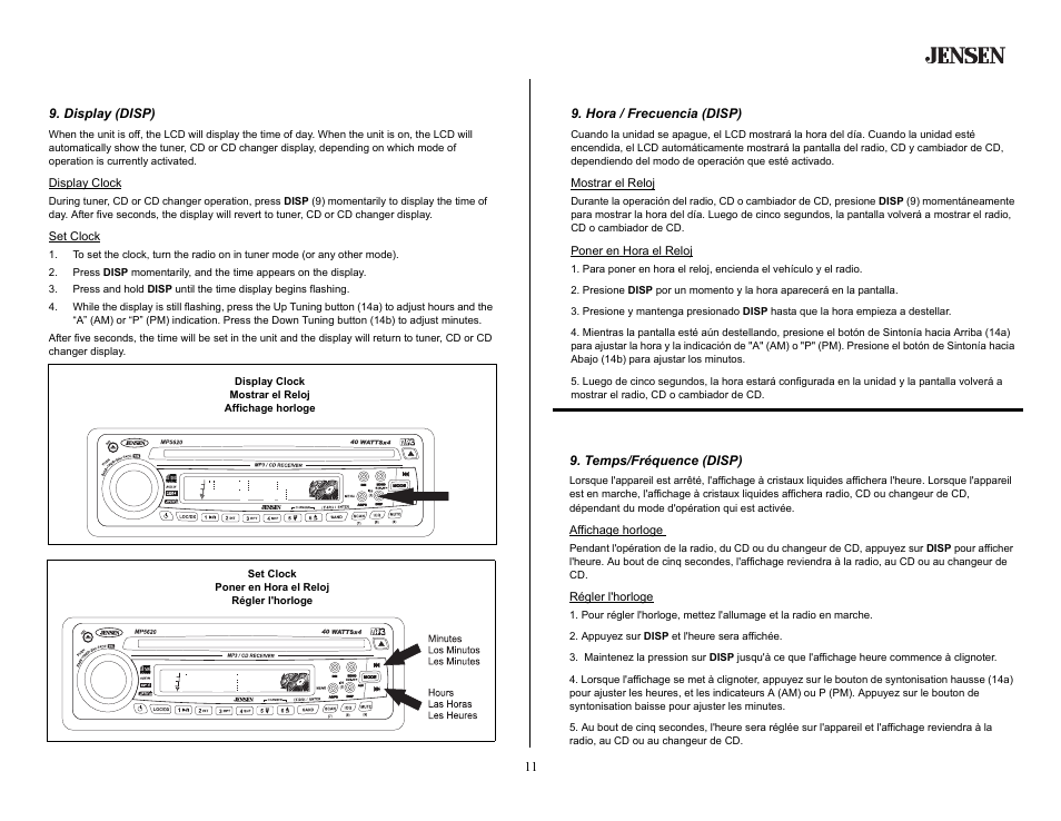 Basic operation (continued), Display (disp), Operación básica (continuado) | Hora / frecuencia (disp), Opération de base (continué), Temps/fréquence (disp) | Jensen MP5620SE User Manual | Page 11 / 26