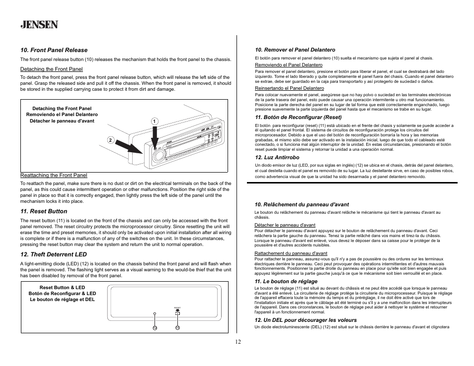 Basic operation (continued), Front panel release, Reset button | Theft deterrent led, Operación básica (continuado), Remover el panel delantero, Botón de reconfigurar (reset), Luz antirrobo, Opération de base (continué), Relâchement du panneau d'avant | Jensen MP5620SE User Manual | Page 12 / 26
