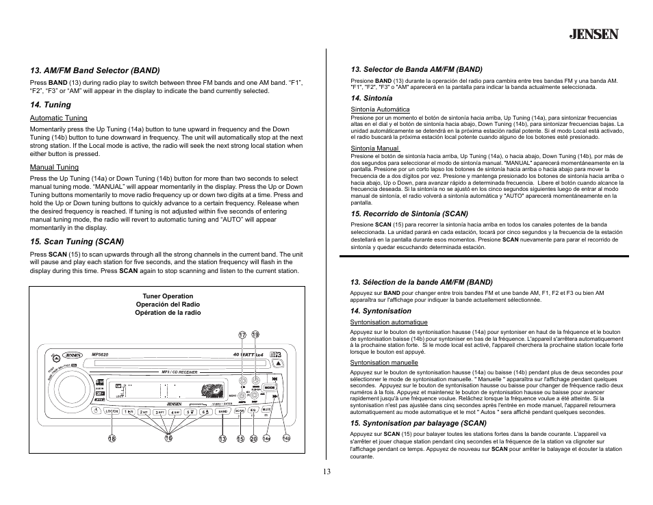 Tuner operation, Am/fm band selector (band), Tuning | Scan tuning (scan), Operación del radio, Selector de banda am/fm (band), Sintonía, Recorrido de sintonía (scan), Opération de la radio, Sélection de la bande am/fm (band) | Jensen MP5620SE User Manual | Page 13 / 26