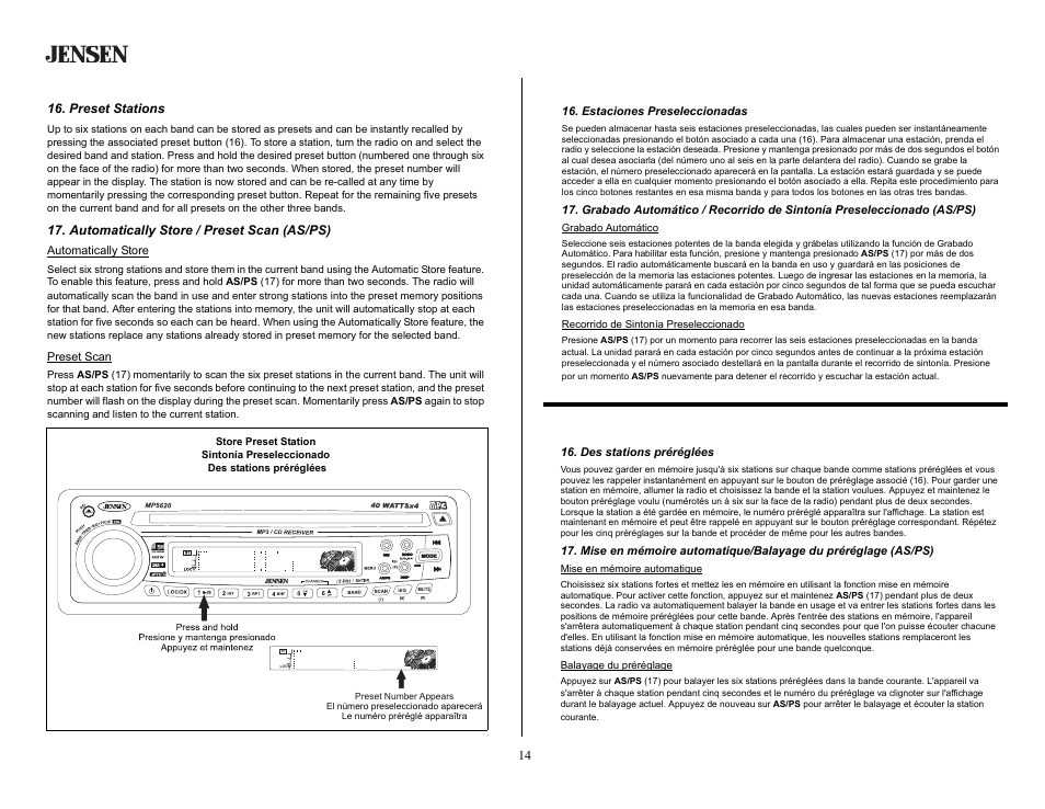 Tuner operation (continued), Preset stations, Automatically store / preset scan (as/ps) | Operación del radio (continuado), Estaciones preseleccionadas, Opération de la radio (continué), Des stations préréglées | Jensen MP5620SE User Manual | Page 14 / 26