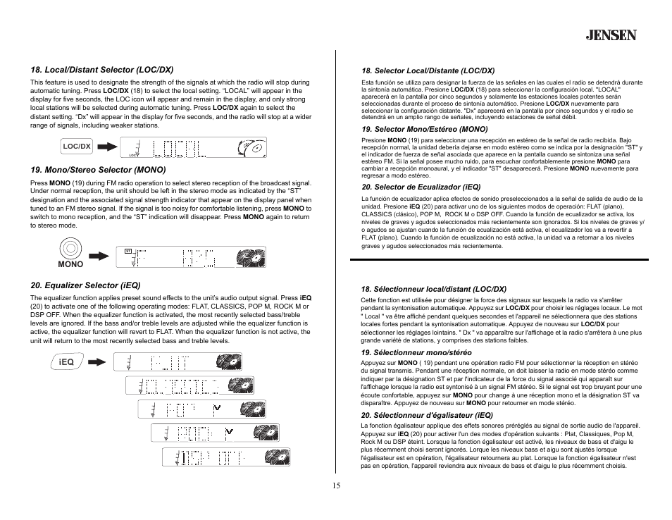 Tuner operation (continued), Local/distant selector (loc/dx), Mono/stereo selector (mono) | Equalizer selector (ieq), Operación del radio (continuado), Selector local/distante (loc/dx), Selector mono/estéreo (mono), Selector de ecualizador (ieq), Opération de la radio (continué), Sélectionneur local/distant (loc/dx) | Jensen MP5620SE User Manual | Page 15 / 26