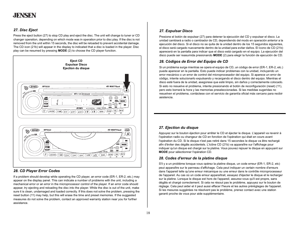 Cd player operation (continued), Disc eject, Cd player error codes | Operación del equipo de cd (continuado), Expulsar disco, Códigos de error del equipo de cd, Opération de la platine cd (continué), Ejection du disque, Codes d'erreur de la platine disque | Jensen MP5620SE User Manual | Page 18 / 26