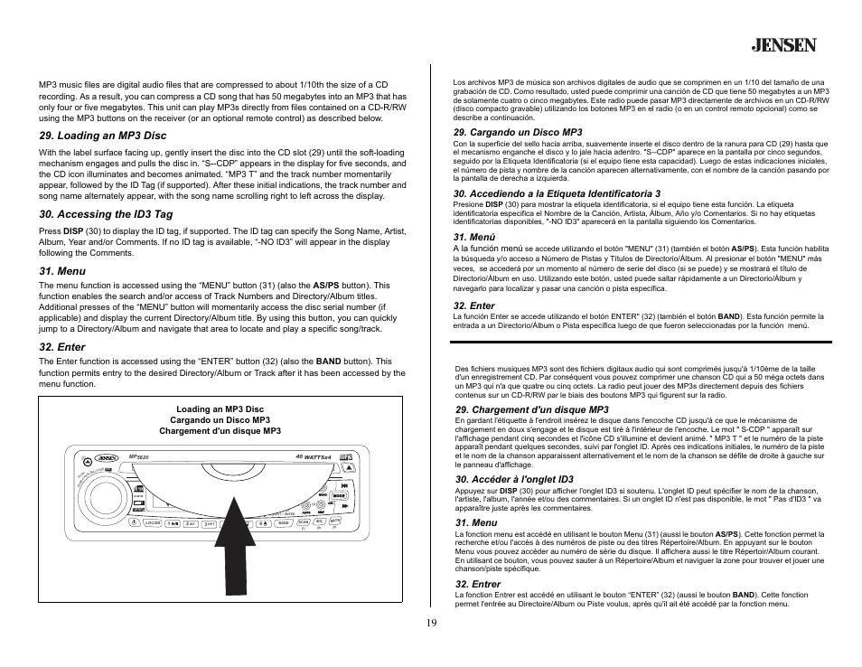 Mp3 player operation, Loading an mp3 disc, Accessing the id3 tag | Menu, Enter, Operación del equipo de mp3, Cargando un disco mp3, Accediendo a la etiqueta identificatoria 3, Menú, Opération mp3 | Jensen MP5620SE User Manual | Page 19 / 26