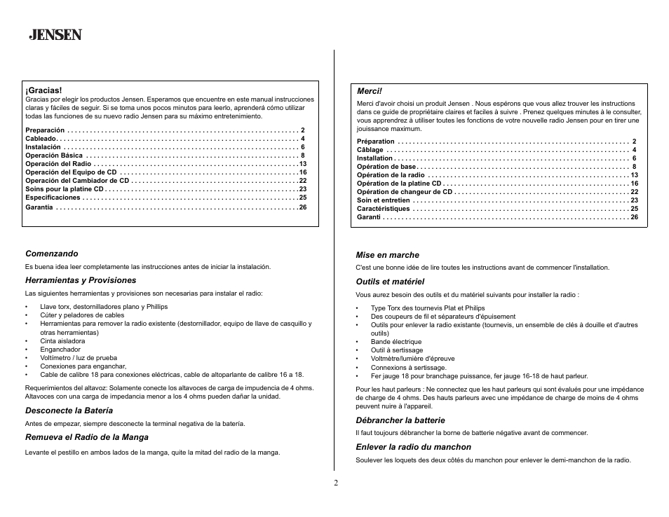Preparación, Comenzando, Herramientas y provisiones | Desconecte la batería, Remueva el radio de la manga, Préparation, Mise en marche, Outils et matériel, Débrancher la batterie, Enlever la radio du manchon | Jensen MP5620SE User Manual | Page 2 / 26