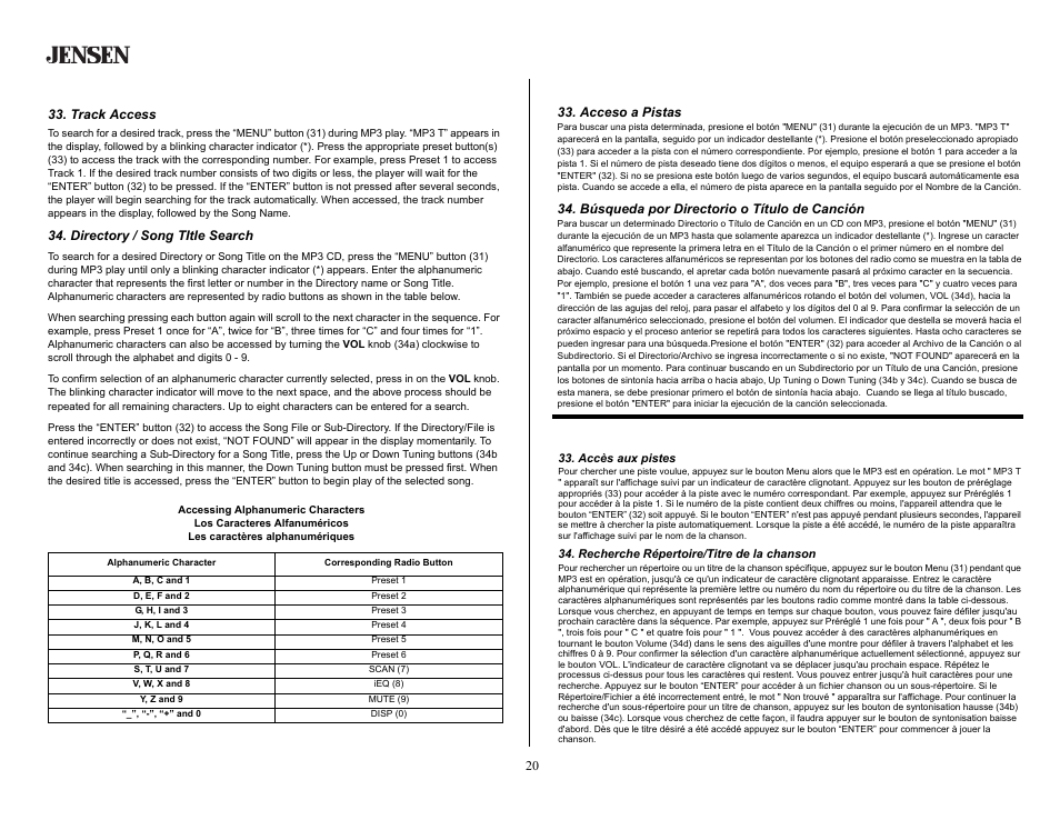 Mp3 player operation (continued), Track access, Directory / song title search | Operación del equipo de mp3 (continuado), Acceso a pistas, Búsqueda por directorio o título de canción, Opération mp3 (continué), Accès aux pistes, Recherche répertoire/titre de la chanson | Jensen MP5620SE User Manual | Page 20 / 26