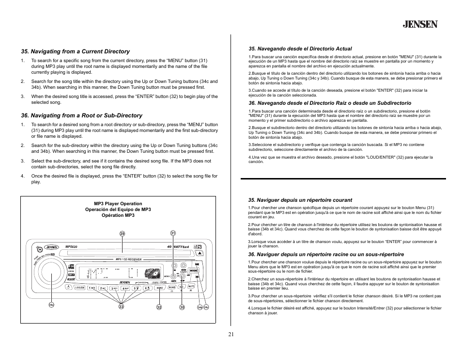 Mp3 player operation (continued), Navigating from a current directory, Navigating from a root or sub-directory | Operación del equipo de mp3 (continuado), Navegando desde el directorio actual, Opération mp3 (continué), Naviguer depuis un répertoire courant | Jensen MP5620SE User Manual | Page 21 / 26