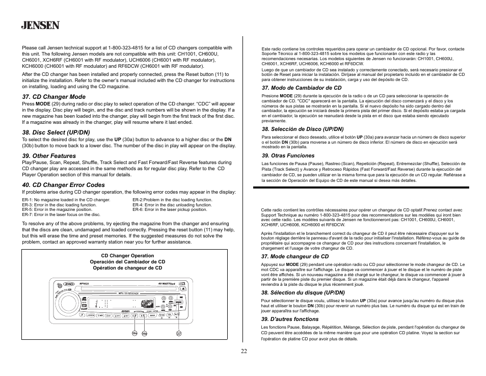 Cd changer operation, Cd changer mode, Disc select (up/dn) | Other features, Cd changer error codes, Operación del cambiador de cd, Modo de cambiador de cd, Selección de disco (up/dn), Otras funciones, Opération de changeur de cd | Jensen MP5620SE User Manual | Page 22 / 26