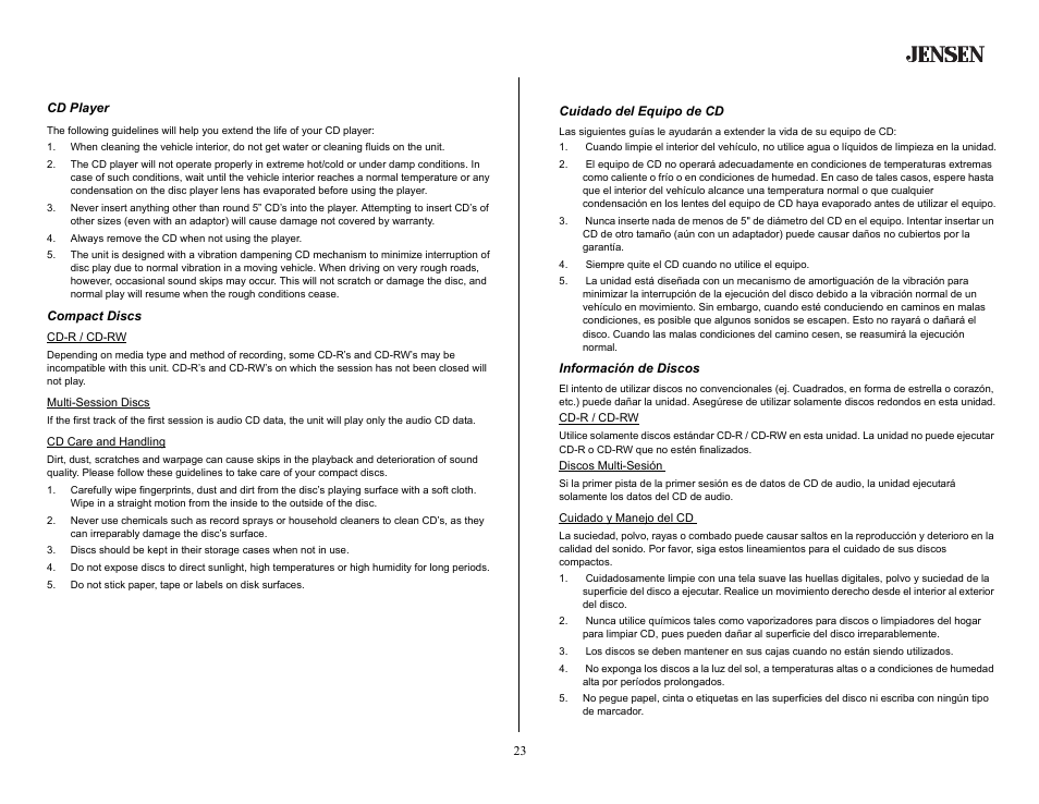 Care and maintenance, Cd player, Always remove the cd when not using the player | Compact discs, Cuidado y mantenimiento, Cuidado del equipo de cd, Siempre quite el cd cuando no utilice el equipo, Información de discos | Jensen MP5620SE User Manual | Page 23 / 26