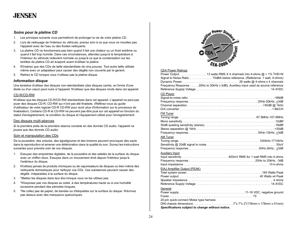 Soin et entretien, Soins pour la platine cd, Information disque | Specifications | Jensen MP5620SE User Manual | Page 24 / 26