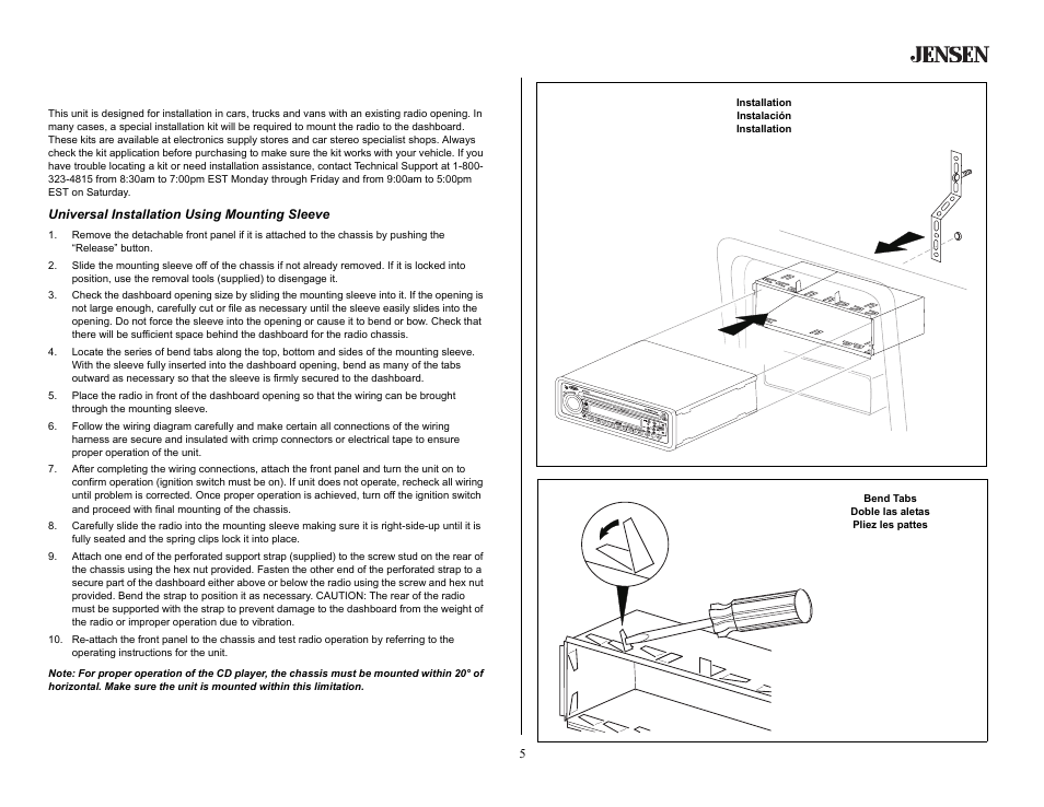Installation, Universal installation using mounting sleeve | Jensen MP5620SE User Manual | Page 5 / 26