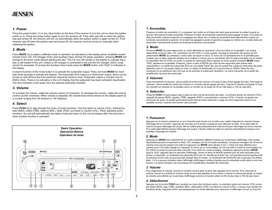 Basic operation, Power, Mode | Volume, Select, Operación básica, Encendido, Modo, Volumen, Selección | Jensen MP5620SE User Manual | Page 8 / 26