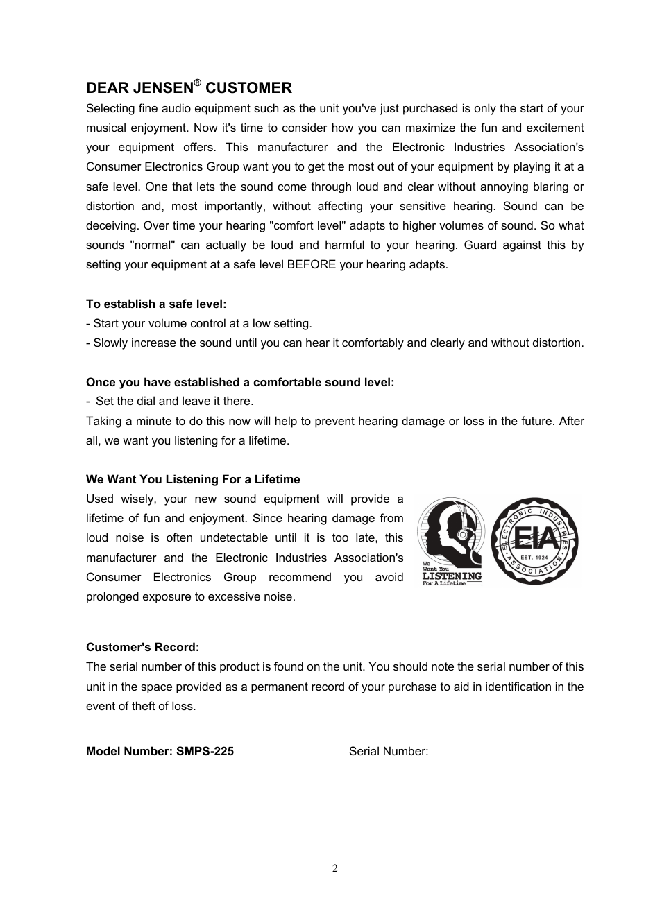 Dear jensen, Customer | Jensen SMPS-225 User Manual | Page 3 / 16