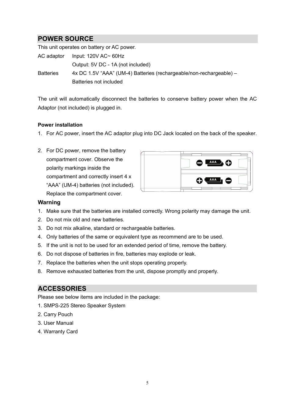 Power source, Accessories | Jensen SMPS-225 User Manual | Page 6 / 16