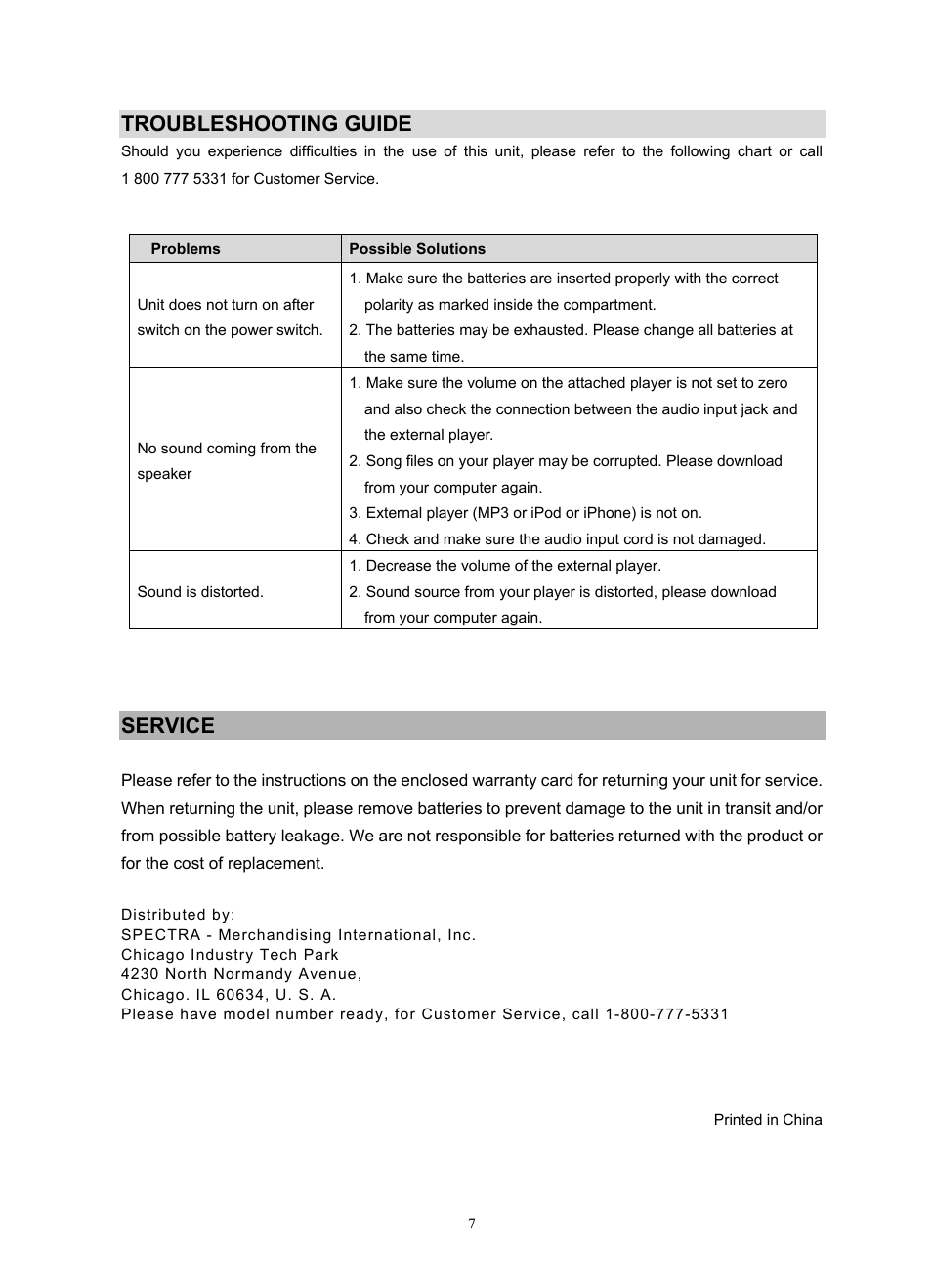 Troubleshooting guide, Service | Jensen SMPS-225 User Manual | Page 8 / 16
