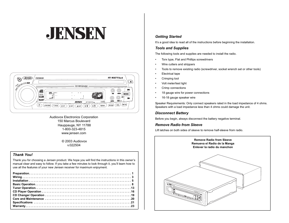 Jensen CD2620SE User Manual | 23 pages