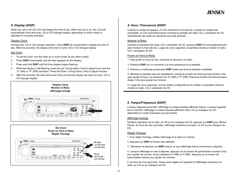 Basic operation (continued), Display (disp), Operación básica (continuado) | Hora / frecuencia (disp), Opération de base (continué), Temps/fréquence (disp) | Jensen CD2620SE User Manual | Page 11 / 23