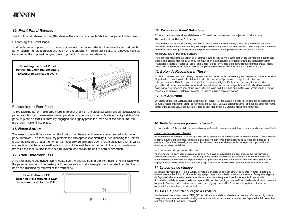 Basic operation (continued), Front panel release, Reset button | Theft deterrent led, Operación básica (continuado), Remover el panel delantero, Botón de reconfigurar (reset), Luz antirrobo, Opération de base (continué), Relâchement du panneau d'avant | Jensen CD2620SE User Manual | Page 12 / 23