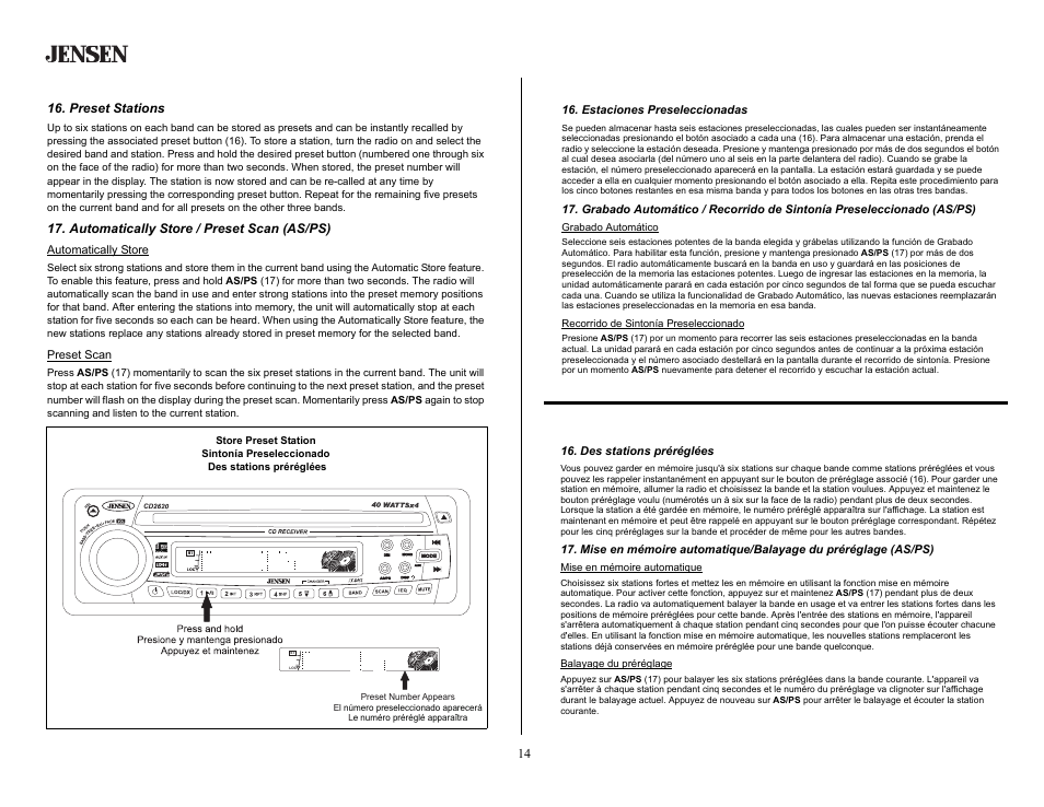 Tuner operation (continued), Preset stations, Automatically store / preset scan (as/ps) | Operación del radio (continuado), Estaciones preseleccionadas, Opération de la radio (continué), Des stations préréglées | Jensen CD2620SE User Manual | Page 14 / 23