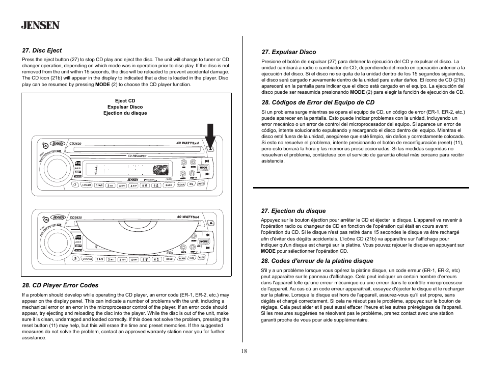 Cd player operation (continued), Disc eject, Cd player error codes | Operación del equipo de cd (continuado), Expulsar disco, Códigos de error del equipo de cd, Opération de la platine cd (continué), Ejection du disque, Codes d'erreur de la platine disque | Jensen CD2620SE User Manual | Page 18 / 23