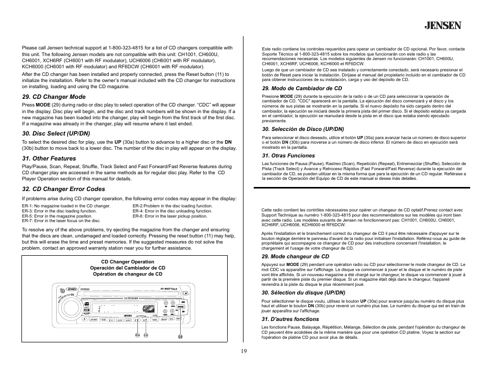 Cd changer operation, Cd changer mode, Disc select (up/dn) | Other features, Cd changer error codes, Operación del cambiador de cd, Modo de cambiador de cd, Selección de disco (up/dn), Otras funciones, Opération de changeur de cd | Jensen CD2620SE User Manual | Page 19 / 23