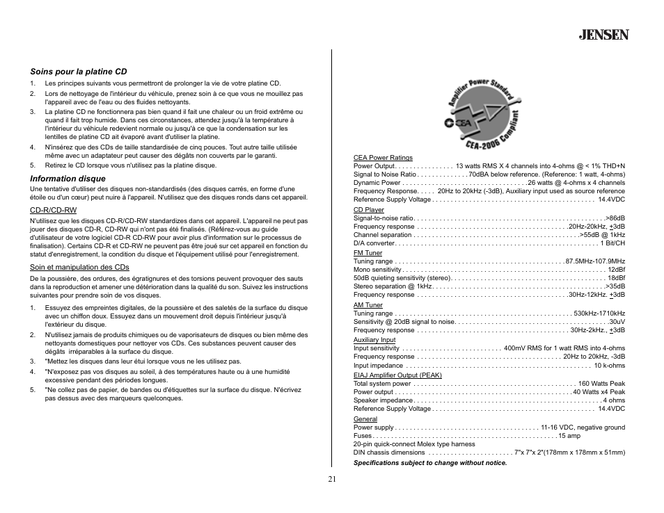 Soin et entretien, Soins pour la platine cd, Information disque | Specifications | Jensen CD2620SE User Manual | Page 21 / 23