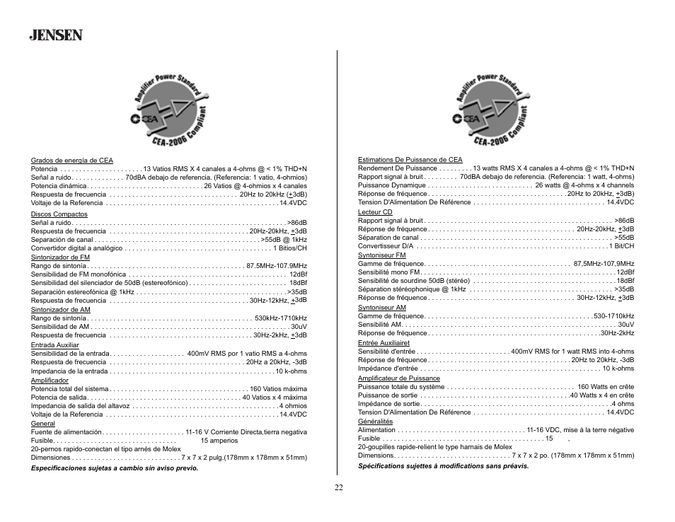 Spécifications, Especificaciones | Jensen CD2620SE User Manual | Page 22 / 23