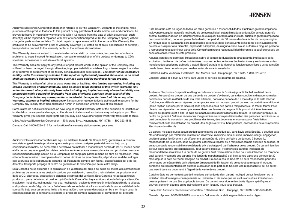 Warranty, Garantie, Garantía | Garantía (continuado) | Jensen CD2620SE User Manual | Page 23 / 23