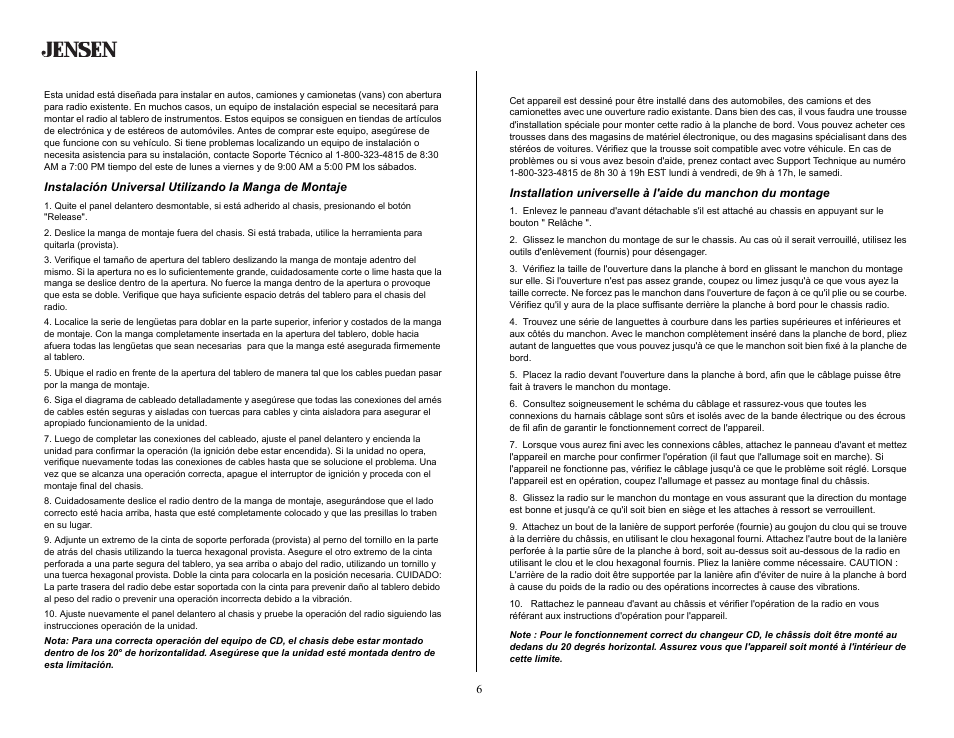 Instalación, Installation | Jensen CD2620SE User Manual | Page 6 / 23
