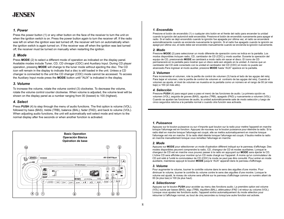 Basic operation, Power, Mode | Volume, Select, Operación básica, Encendido, Modo, Volumen, Selección | Jensen CD2620SE User Manual | Page 8 / 23