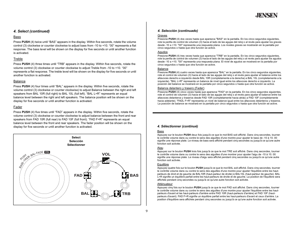 Basic operation (continued), Select (continued), Operación básica (continuado) | Selección (continuado), Opération de base (continué), Sélectionner (continué) | Jensen CD2620SE User Manual | Page 9 / 23