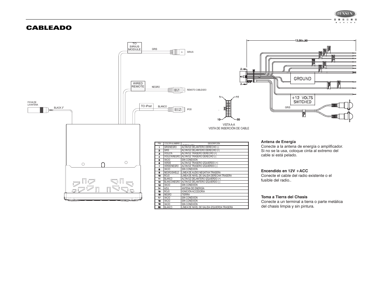 Msr3007, Cableado | Jensen MSR3007 User Manual | Page 17 / 38