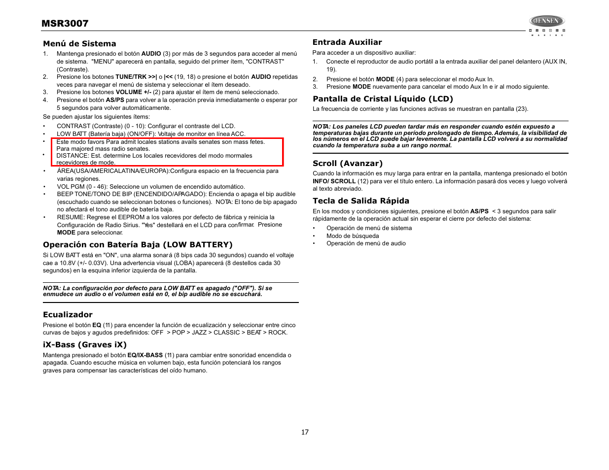 Msr3007 | Jensen MSR3007 User Manual | Page 19 / 38