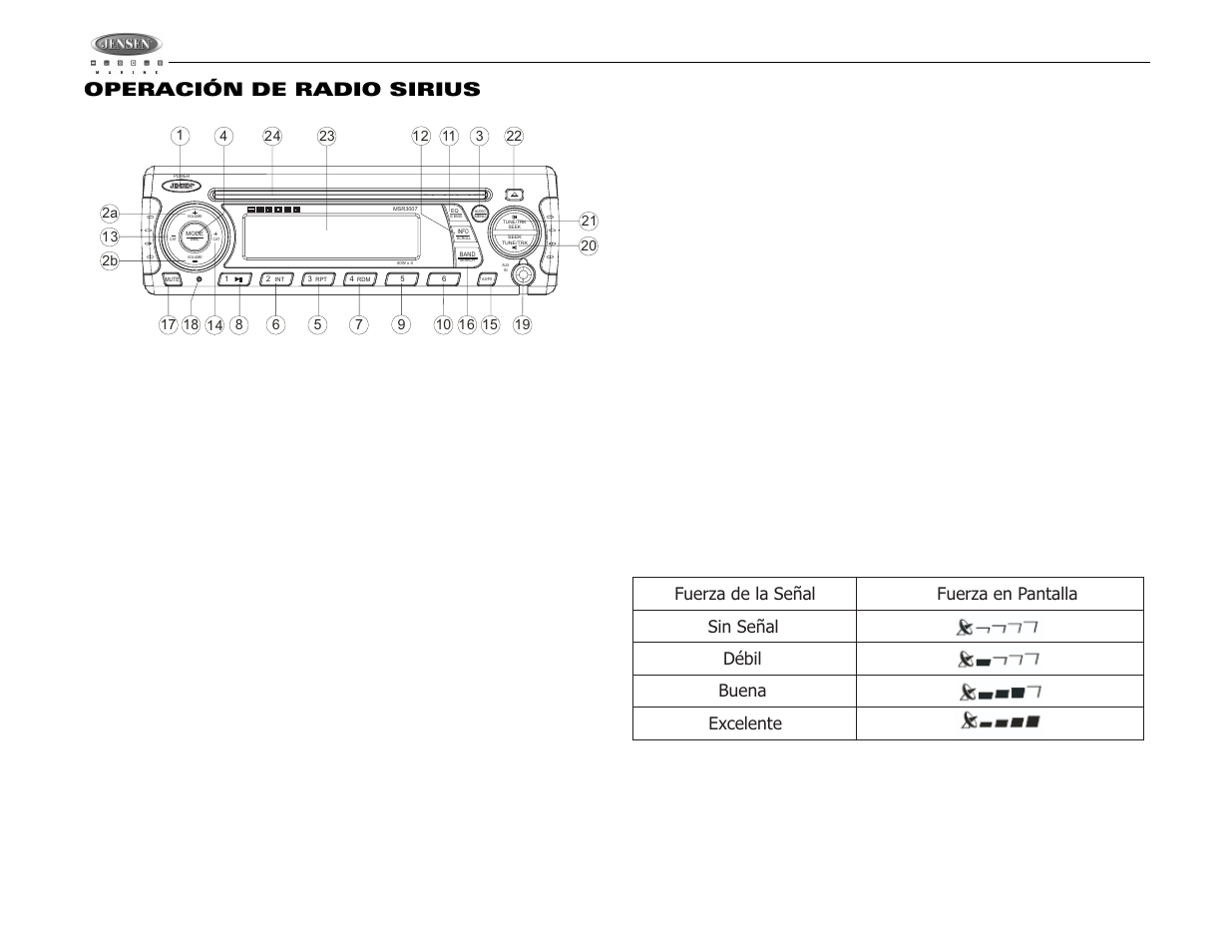 Msr3007, Operación de radio sirius | Jensen MSR3007 User Manual | Page 22 / 38
