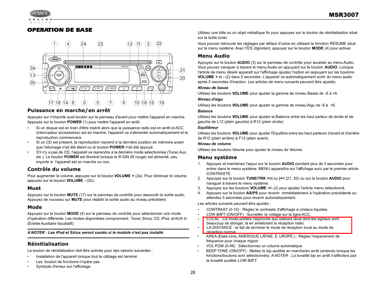 Msr3007, Operation de base | Jensen MSR3007 User Manual | Page 30 / 38