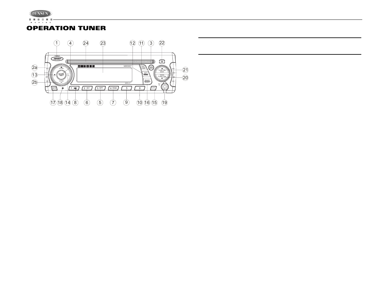 Msr3007, Operation tuner, Sélectionnez une bande | Syntonisation à la main, Syntonisation auto-recherche, Stations pré-réglées | Jensen MSR3007 User Manual | Page 32 / 38