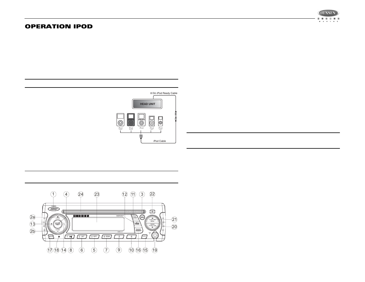 Msr3007, Operation ipod, Accéder la mode ipod | Mettre l'ipod en marche/en arrêt, Contrôler la reproduction, Affichage d'information altenatif, Mode recherche | Jensen MSR3007 User Manual | Page 35 / 38