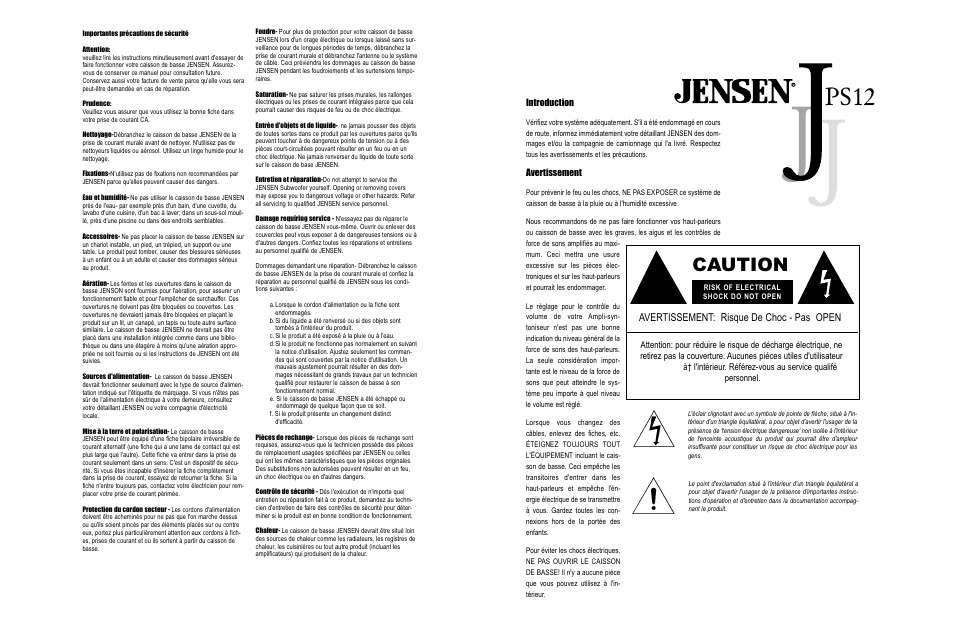 Ps12, Caution, Avertissement: risque de choc - pas open | Jensen PS12 User Manual | Page 6 / 6