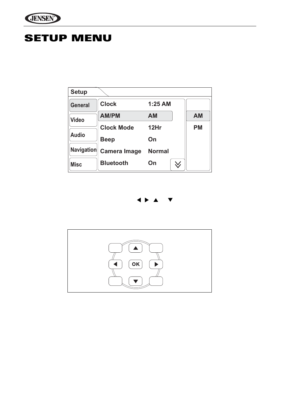 Setup menu, Vm9424, Accessing menu items | Jensen VM9424 User Manual | Page 19 / 120