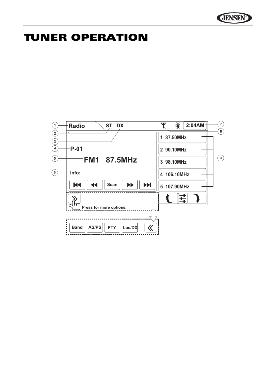 Tuner operation, Vm9424, Accessing radio tuner mode | Tuner tft display indicators/controls, Fm1 87.5mhz | Jensen VM9424 User Manual | Page 24 / 120