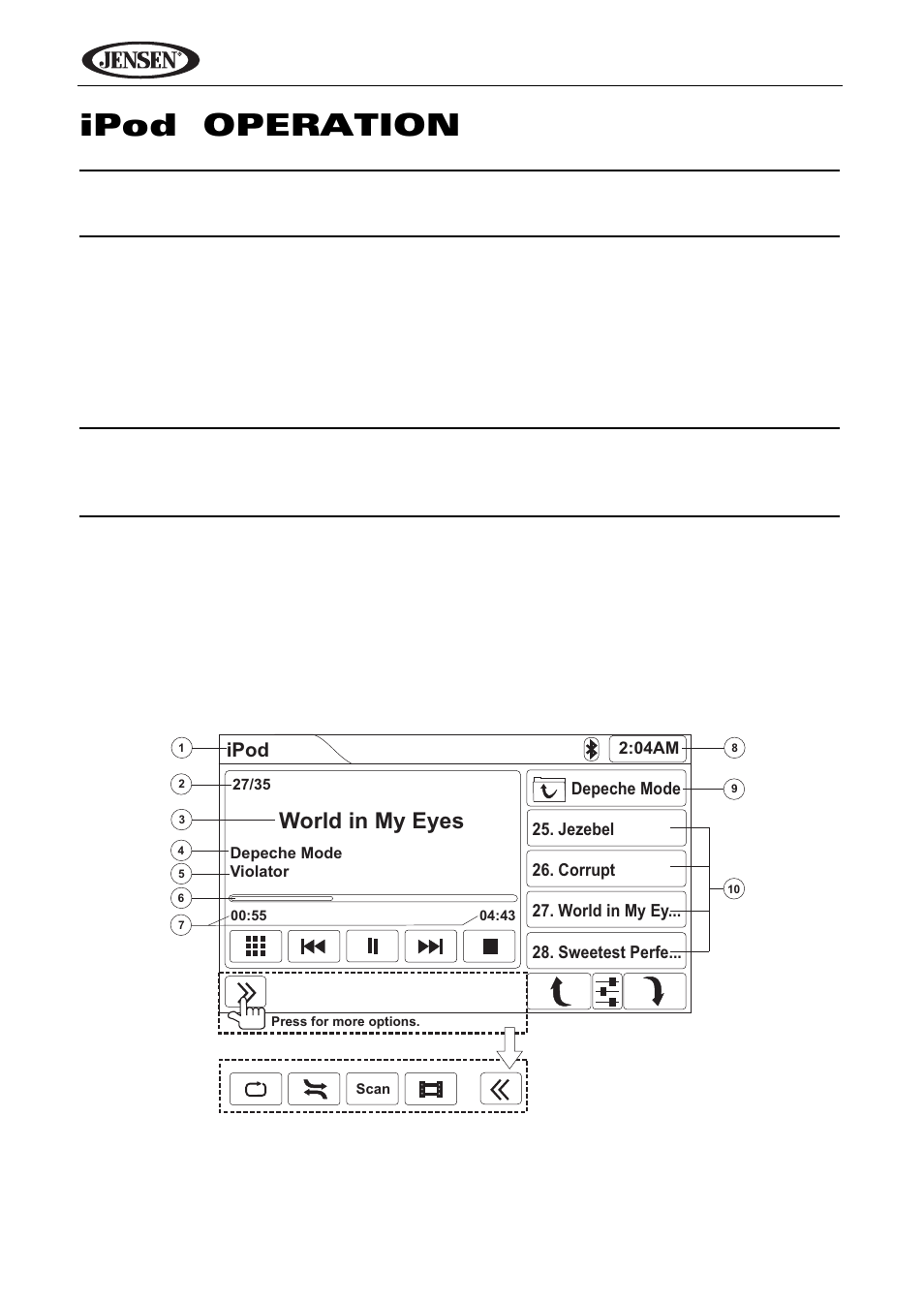 Ipod, Operation, Vm9424 | Accessing ipod mode, World in my eyes | Jensen VM9424 User Manual | Page 43 / 120