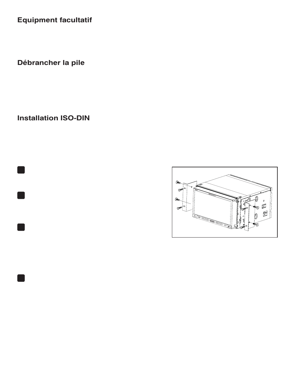 Equipment facultatif, Débrancher la pile, Installation iso-din | Jensen VM9223 User Manual | Page 10 / 12