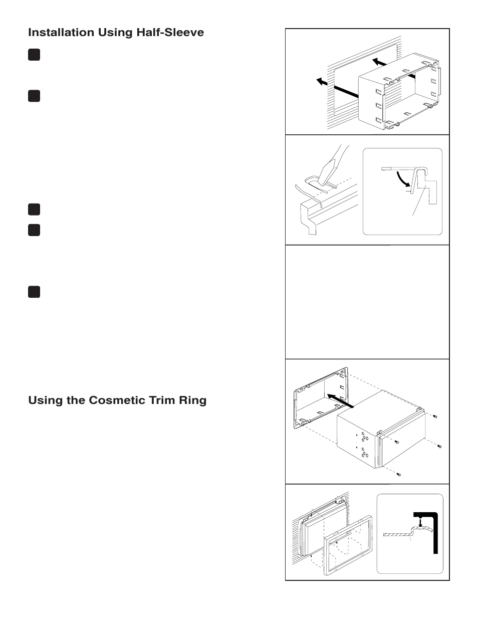 Installation using half-sleeve, Using the cosmetic trim ring | Jensen VM9223 User Manual | Page 3 / 12