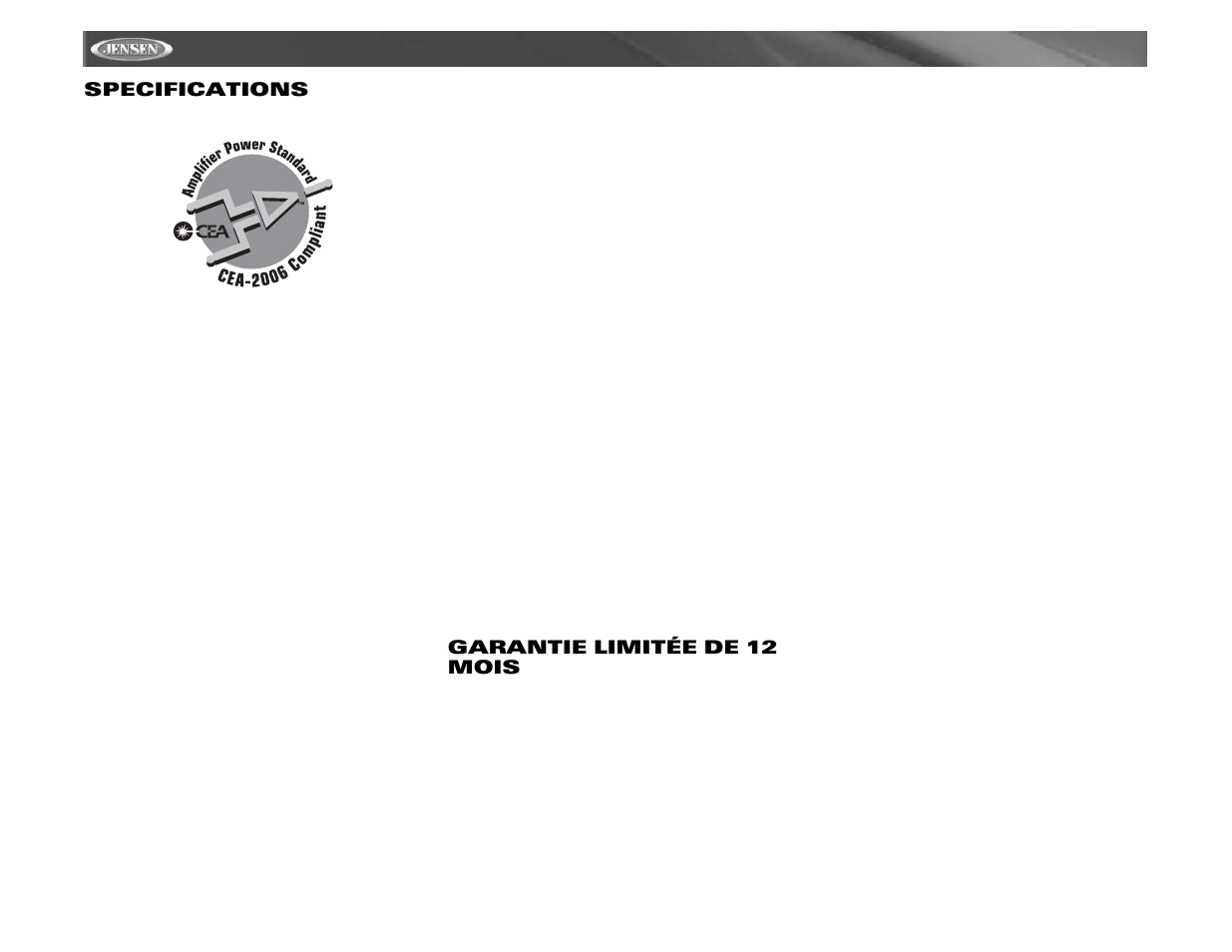 Vm9311 specifications, Garantie limitée de 12 mois | Jensen Mobile Multimedia AM/FM/DVD Receiver VM9311 User Manual | Page 90 / 90